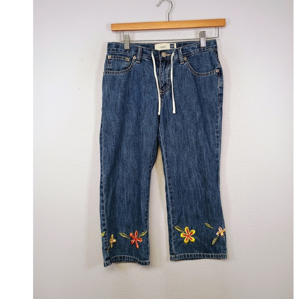 Y2K Boho Gap Factory Girls 12 Floral Embroidered Denim Capri Drawstring Jean
